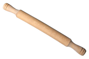 Wooden rolling pin on white background isolation, top view