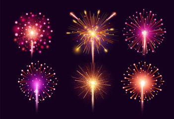 Naklejka premium Fireworks set. Colorful bright festive realistic vector fireworks illustration. New Year Christmas firework explosion, star or stardust. Anniversary celebration bright colors background.