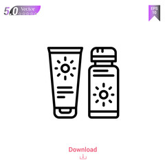 Outline sun-cream icon isolated on white background. Line pictogram. Graphic design, mobile application, logo, user interface. Editable stroke. EPS10 format vector illustration