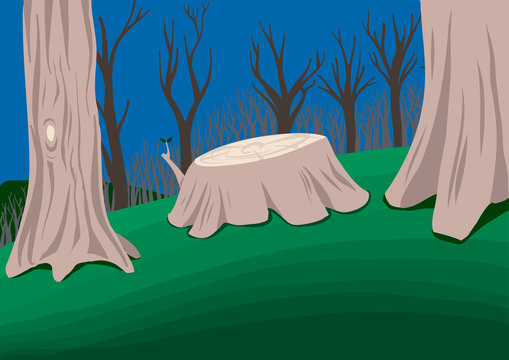 Landscape of a forest with a cut trunk in the middle. Vector illustration