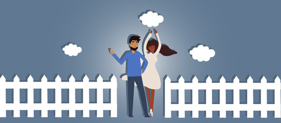 Happy family. Man and woman in clothes together. Vector illustrations in the flat style. Blue background with white cloud and wooden fence. 