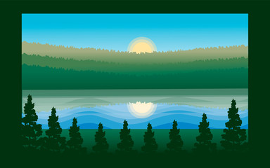 Panoramic lanscape. Vector illustration of nature. View with sun; sky; hills; mountains; forest; pines; tress; lake; river; reflection; fog
