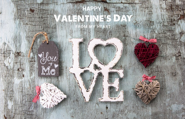 Happy Valentine's day Text  Retro top view, wooden decorative objects, Love background