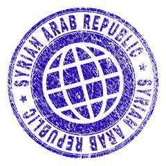 SYRIAN ARAB REPUBLIC stamp imprint with grunge texture. Blue vector rubber seal imprint of SYRIAN ARAB REPUBLIC text with corroded texture. Seal has words arranged by circle and planet symbol.