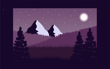 Panoramic lanscape. Vector illustration of nature. View with tree, grass, mountain, forest, moon, pine, sun, house
