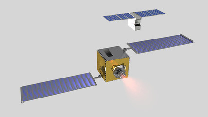 Satellite Dart Liciacube progettato per la nuova missione spaziale prevista per il 2021, 3D rendering su fondo neutro © robynt