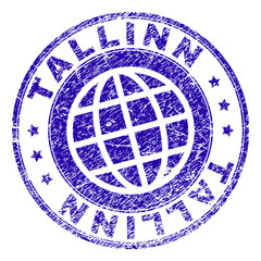 TALLINN stamp print with distress texture. Blue vector rubber seal print of TALLINN label with unclean texture. Seal has words arranged by circle and globe symbol.