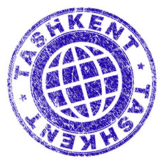 TASHKENT stamp watermark with grunge texture. Blue vector rubber seal imprint of TASHKENT title with grunge texture. Seal has words arranged by circle and globe symbol.