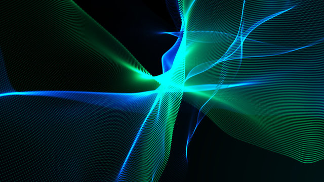 The embodiment of dark fantasies. Flying ribbons in space. Network connection structure. Abstract digital banner. 3D rendering.