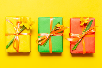 Set of gift boxes with narcissus, spring flowers,