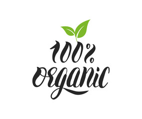 100% Organic natural product handwritten lettering with green leaves