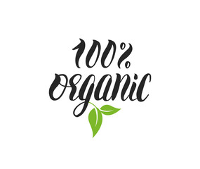 100% Organic natural product handwritten lettering with green leaves