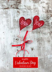 Happy Valentine's day Text  Retro top view, wooden decorative objects, Love background