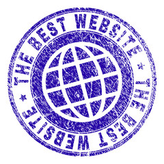 THE BEST WEBSITE stamp print with distress texture. Blue vector rubber seal print of THE BEST WEBSITE title with unclean texture. Seal has words arranged by circle and globe symbol.