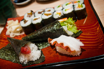 Fresh sushi rolls at japanese restaurant