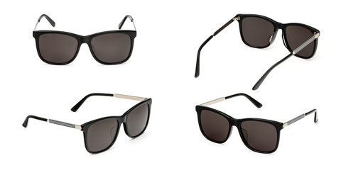 Set Summer Sunglasses of black plastic with polarized gradient isolated on white background....
