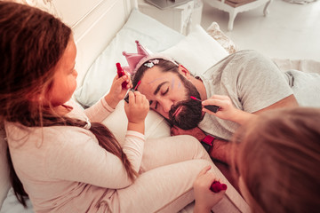 Top view of a nice bearded man sleeping