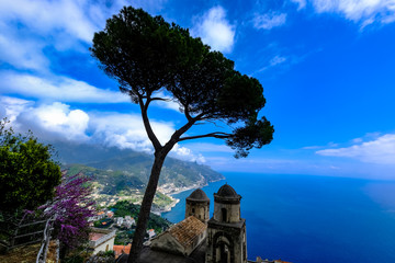 The southern view of the Italian coast and Ravello town, Amalfi coast, Italy.