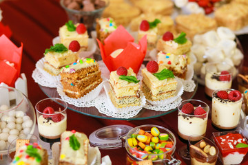 candy bar closeup at wedding table. Sweets for guests