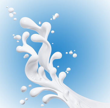 Milk isolated 3d rendering and splashes on blue background, 3d rendering