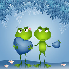 an illustration of a couple of frogs with hearts in Valentine day