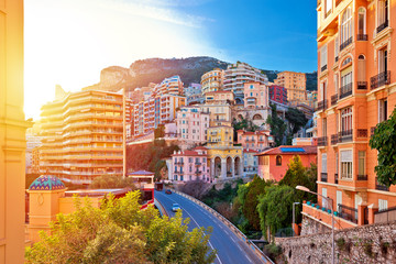 Colorful street and architecture of Monaco sun haze view - obrazy, fototapety, plakaty