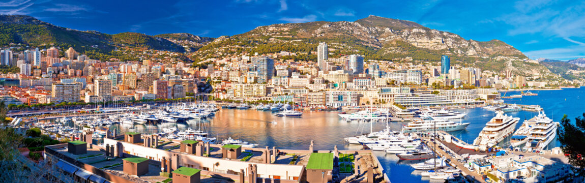 Monaco and Monte Carlo cityscape and harbor colorful panoramic view