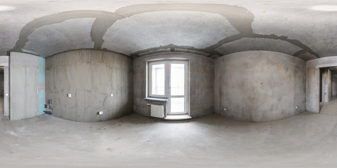 Full spherical seamless panorama 360 degrees angle view concrete tenement gray walls in empty flat...