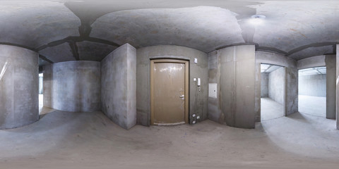 Full spherical seamless panorama 360 degrees angle view concrete tenement gray walls in empty flat...