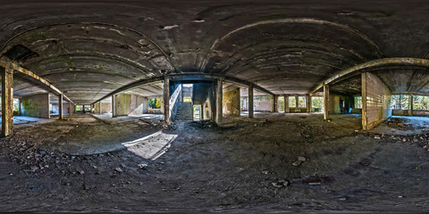 Full spherical seamless hdri panorama 360 degrees angle view concrete structures abandoned unfinished building.  360 panorama in equirectangular equidistant projection, VR AR content