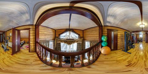 full seamlee panorama 360 degrees angle view in interior hall room in wooden village vacation home...