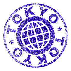 TOKYO stamp watermark with grunge texture. Blue vector rubber seal print of TOKYO text with grunge texture. Seal has words arranged by circle and planet symbol.