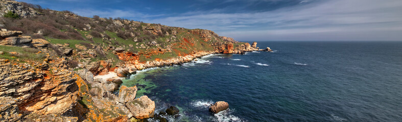 Fototapeta na wymiar Beautiful landscape with blue sea and rocky shore - panoramic view