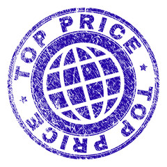 TOP PRICE stamp imprint with distress texture. Blue vector rubber seal imprint of TOP PRICE text with grunge texture. Seal has words placed by circle and planet symbol.