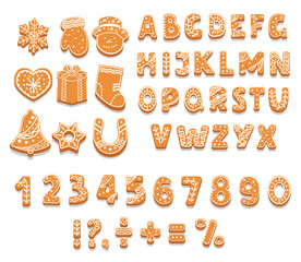Set of gingerbread cookies alphabet, numbers, holiday treat, sweet pastries of different shapes, punctuation marks, vector illustration. - obrazy, fototapety, plakaty