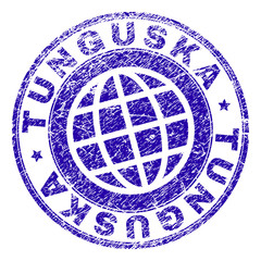 TUNGUSKA stamp print with grunge effect. Blue vector rubber seal print of TUNGUSKA title with grunge texture. Seal has words placed by circle and planet symbol.