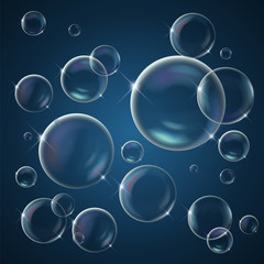 Background with realistic bright sparkling soap bubbles with rainbow reflection, vector illustration.