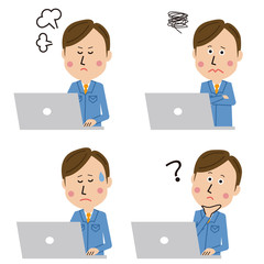 ポップな青い制服の作業員　男性　パソコン　ネガティブ4ポーズ