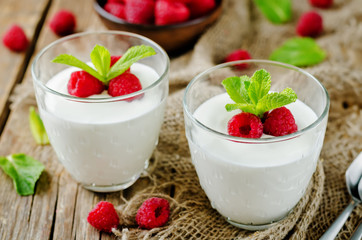 Greek yougurt with fresh raspberries and mint