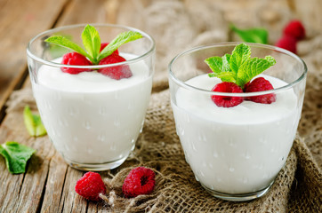 Greek yougurt with fresh raspberries and mint