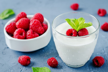 Greek yougurt with fresh raspberries and mint