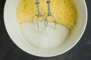 raw dough and apples (eggs, flour and other ingredients apples - Charlotte). food background. copy space