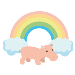 Little pink hippo on the background of a joyful rainbow. Cute character in a single face.