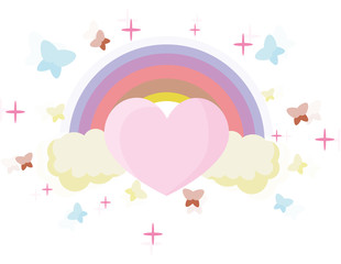 Love heart on the background of a fabulous rainbow. A rainbow escaping from two clouds rounds sensual heart