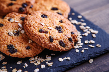 oatmeal cookies closeup on wooden background