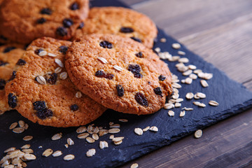 oatmeal cookies closeup on wooden background