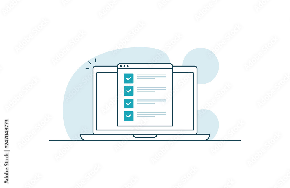 Wall mural laptop with checklist. workspace with laptop and browser with checkboxes. vector illustration in lin