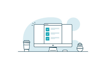 Computer with checklist. Workspace with computer, coffee cup, plant and browser with checkboxes. Vector illustration in line art style