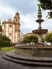 Fototapeta na wymiar La iglesia de la Virgen Peregrina es un edificio religioso en la ciudad de Pontevedra, en Galicia. capilla de planta en forma de vieira que está situada al pie del Camino de Santiago Portugués.