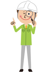 ポップな緑の制服の作業員　男性　指差し注目